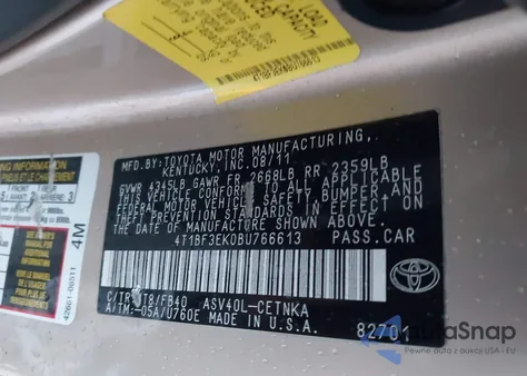 2011 Toyota Camry Le z USA, uszkodzony, nr VIN 4T1BF3EK0BU766613